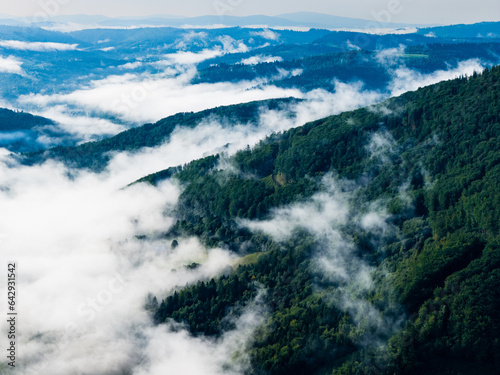 Fototapeta Naklejka Na Ścianę i Meble -  Ustron Aerial View. Scenery of the town and health resort in Ustron on the hills of the Silesian Beskids. Poland.