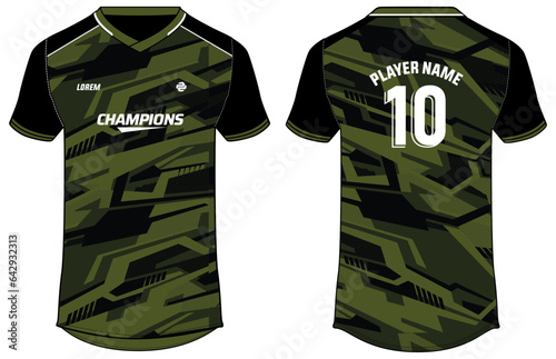 Camouflage Sports jersey t shirt design concept vector template, v neck football jersey concept with front and back view for Cricket, soccer, Volleyball, Rugby, tennis and badminton uniform kit