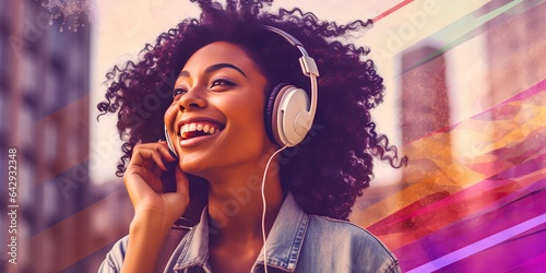 Happy young woman holding mobile phone enjoying music through wireless headphones behind tall building