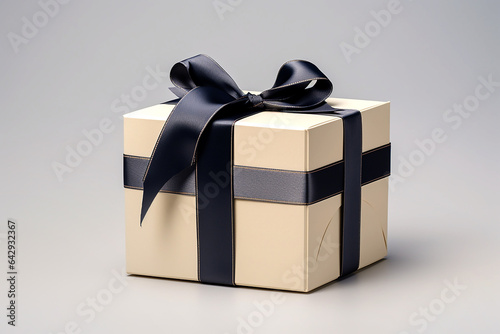 Beige gift box with black bow on gray background. Generative AI