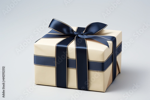 Beige gift box with blue bow on gray background. Generative AI