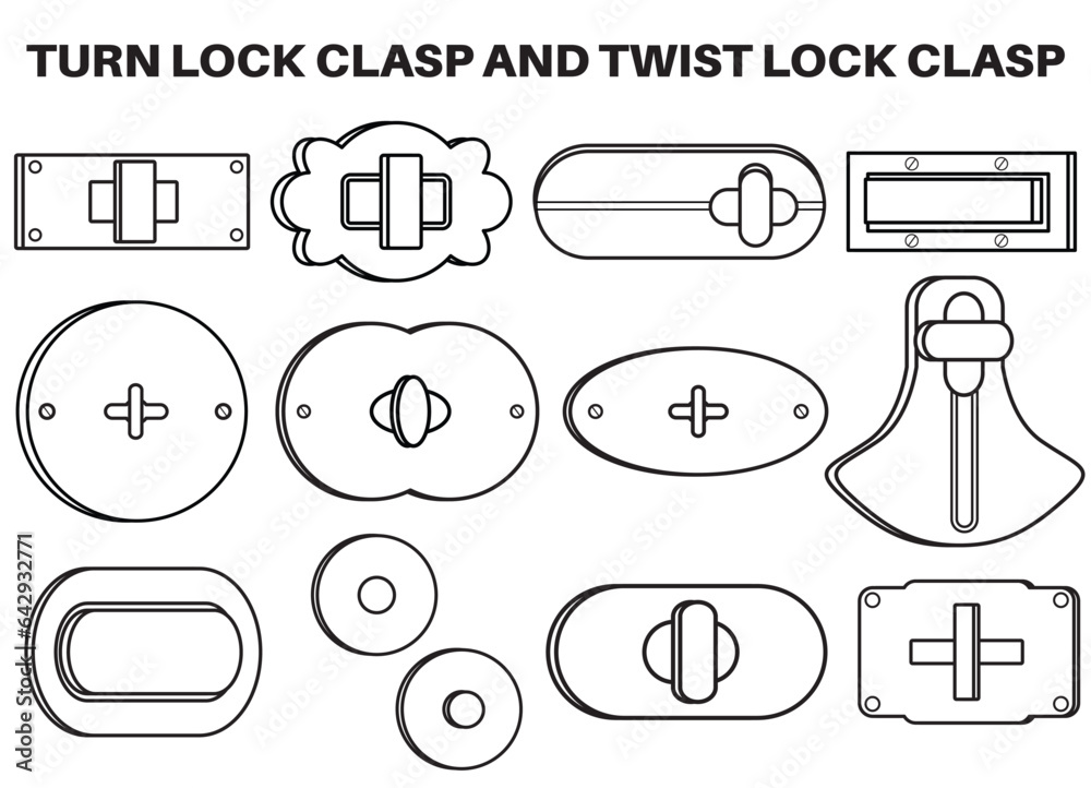 Turn lock clasp closure and twist lock clasp buckles flat sketch vector