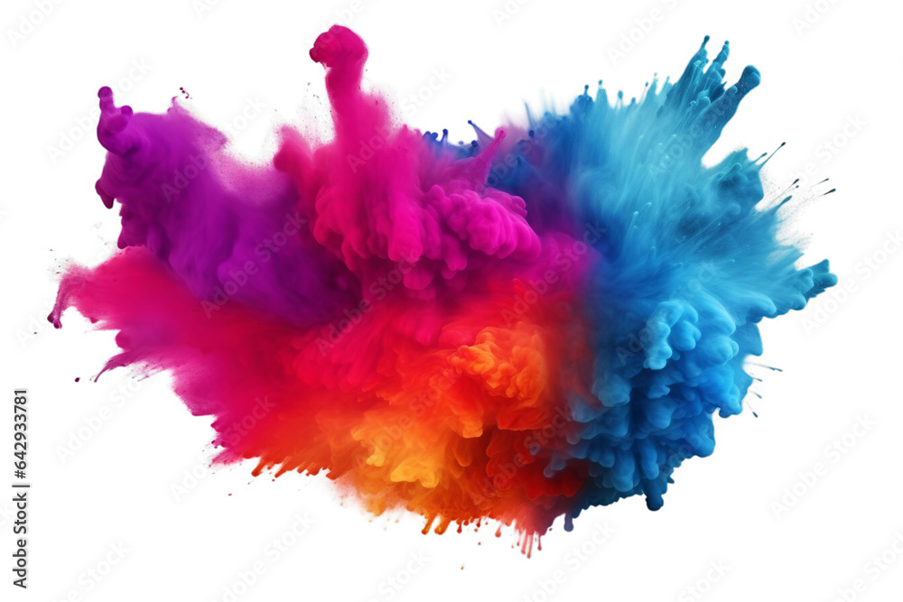 Abstract watercolor splash, multicolor holi splatted powder explosion, colored cloud isolated on transparent background PNG