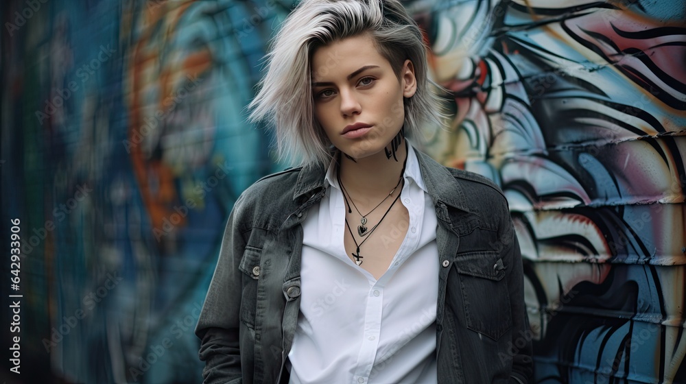 Androgynous model posing against a gritty urban graffiti wall