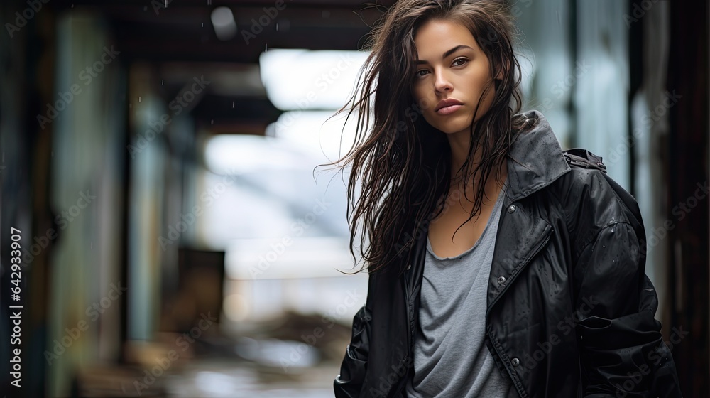 Androgynous model posing against a gritty urban graffiti wall Androgynous model posing against a gritty urban graffiti wall