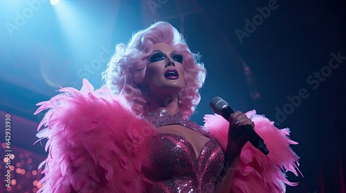 Drag queen in full regalia, performing under vibrant stage lights