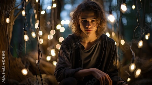 Genderqueer model in a forest, surrounded by fairy lights, giving an ethereal feel
