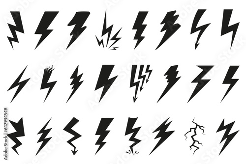 Black lightning icon collection. Bolt, power, thunder, charge, storm symbol. Set of thunderbolt icon