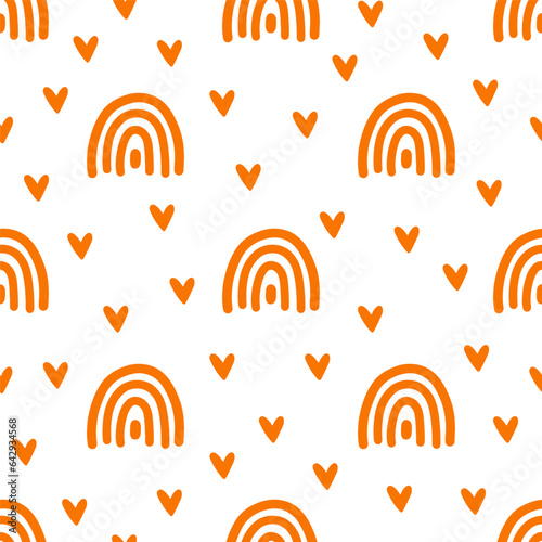 Seamless pattern with orange rainbows and hearts