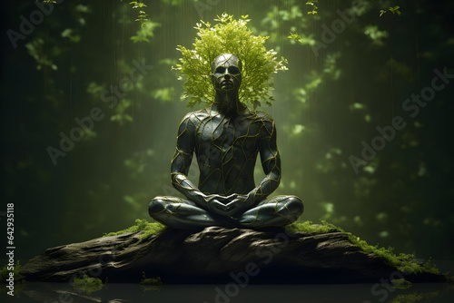 A figure in a tranquil pose, with a tree of mindful thoughts and reflections growing from their head, each leaf a symbol of the power of self reflection and mindfulness