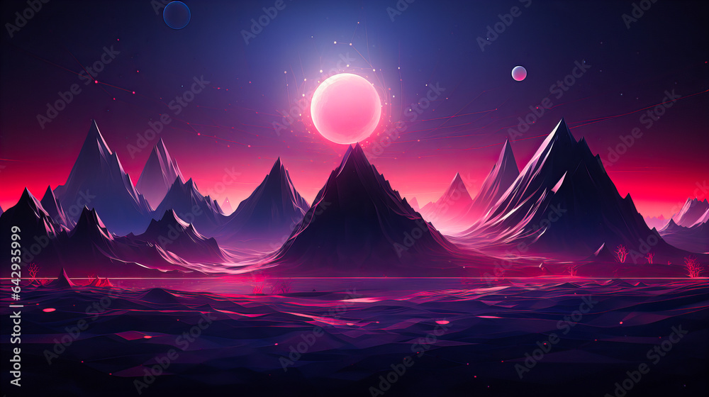 Geometric neon mountains set against a serene, dusky gradient.