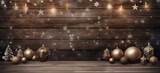 Artistic composition of festive Christmas decorations on textured wooden backdrop. Cozy and inviting atmosphere.