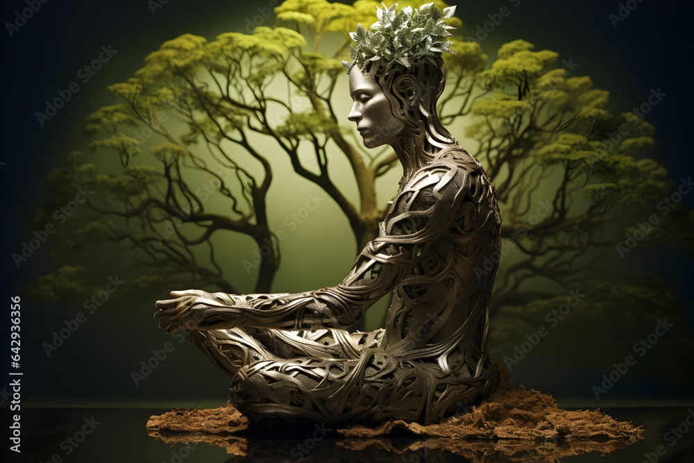 A figure in a tranquil pose, with a tree of mindful thoughts and ...