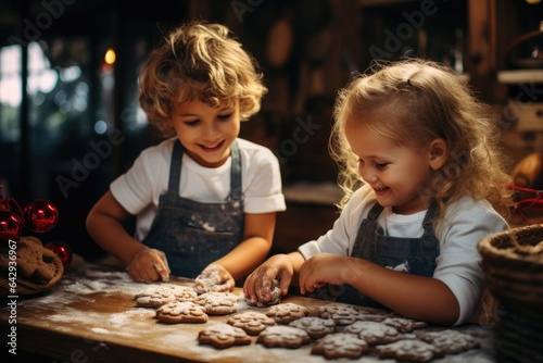 Children's master class on cooking and decorating Christmas cookies. AI Generated