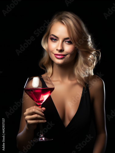 Partying woman portrait with cocktail theme style. Isolated black background.. Generative AI.