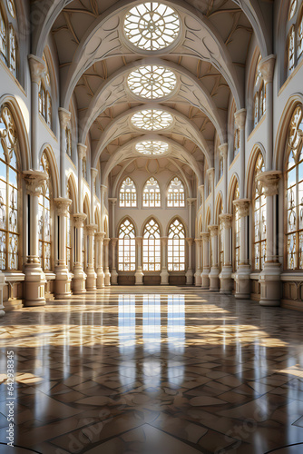 beautiful interior with columns and stained glass windows