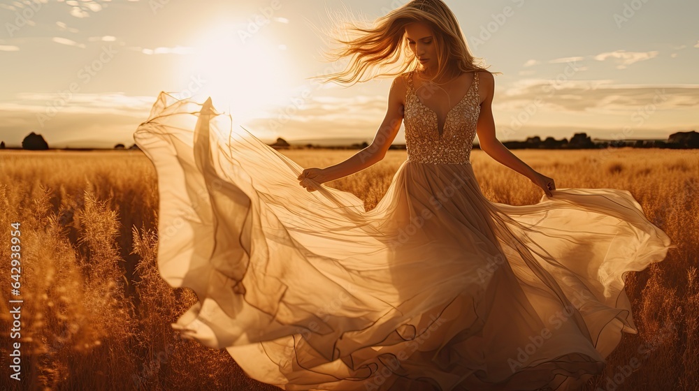 Model in an open field, presenting a flowing, ethereal dress against a setting sun Model in an open field, presenting a flowing, ethereal dress against a setting sun