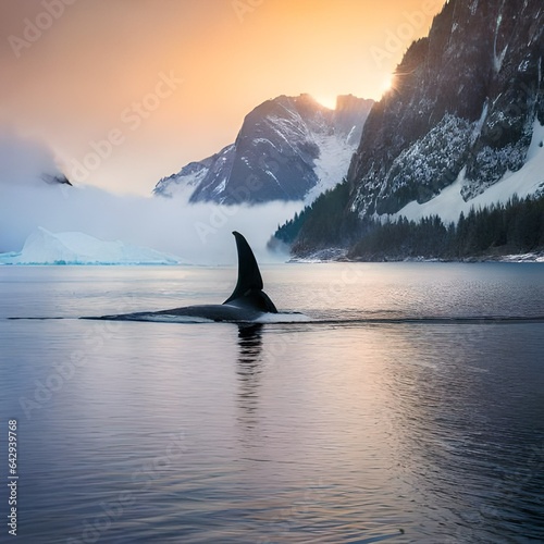 orcas or killer whales in Kvaenangen fjord in Norway hunting for herrings.AI generated