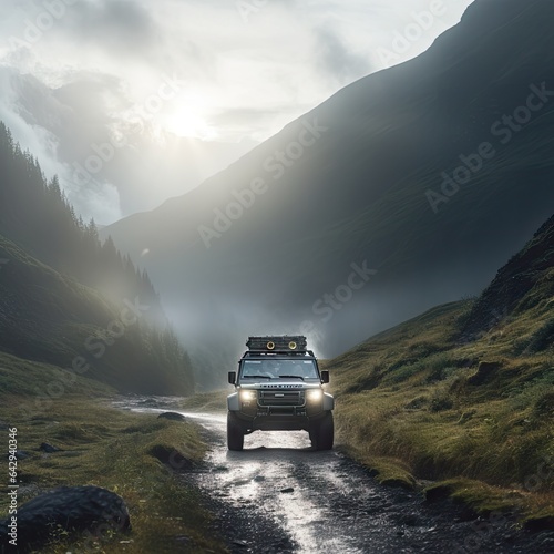 a car driving down a mountain road in the foggy mountains, with clouds and sun shining on the ground