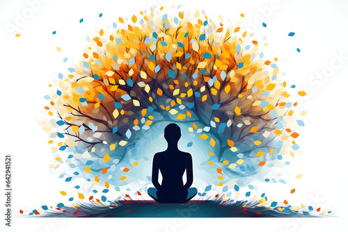 Visualize the impact of self-reflection and mindfulness on mental health. a person sitting in meditation, with an abstract tree extending from their head. Each leaf represent a mindful thought