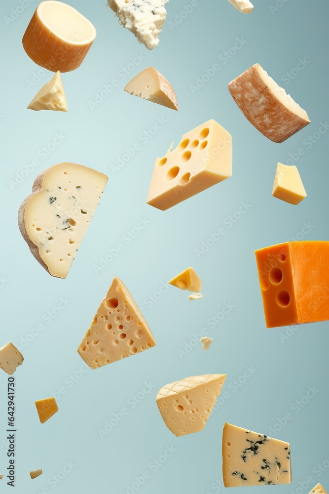 a clean detailed studio photo of assortment of cheeses flying in the air: blue cheese, cheddar, emmental, french soft cheese with strong smell, italian parmesan. Food ingredient levitation a clean detailed studio photo of assortment of cheeses flying in the air: blue cheese, cheddar, emmental, french soft cheese with strong smell, italian parmesan. Food ingredient levitation