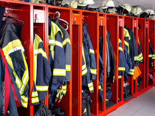 Interior of the fire station. Emergency wardrobe for firefighters to change clothes with protective suit, helmet and shoes photo