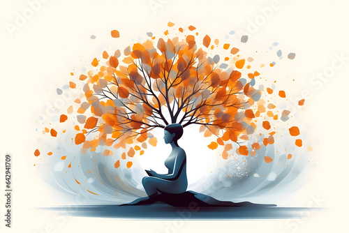 Visualize the impact of self-reflection and mindfulness on mental health. a person sitting in meditation, with an abstract tree extending from their head. Each leaf represent a mindful thought