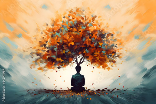 Visualize the impact of self-reflection and mindfulness on mental health. a person sitting in meditation, with an abstract tree extending from their head. Each leaf represent a mindful thought photo