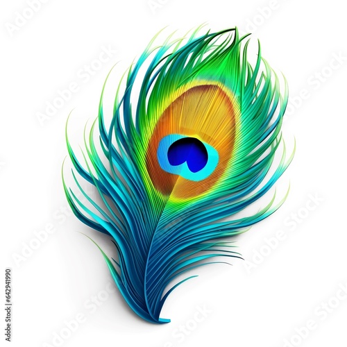 Peacocks feather isolated on white background. Symbol Janmashtami. Generative AI