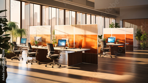 Open workspace with acoustic panels, dividers, and task lighting