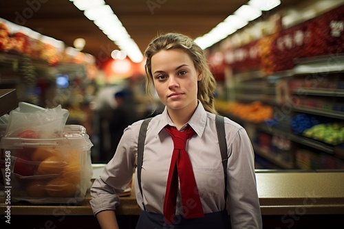 a young cheerful female in a grey shirt, tie and apron working as a sales assistant in a grocery shop or a supermarket, studio light. photo