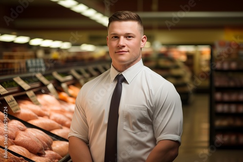 a young cheerful male in a white shirt, tie working as a sales assistant in a grocery shop or a supermarket, studio light. photo