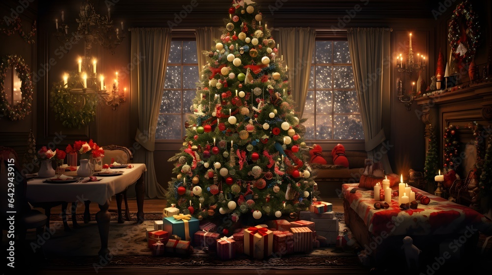 A beautifully decorated Christmas tree in a cozy living room