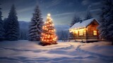 A snowy cabin with a beautifully decorated Christmas tree in the foreground