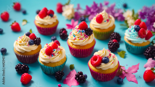 Delicious colored cupcakes with berries