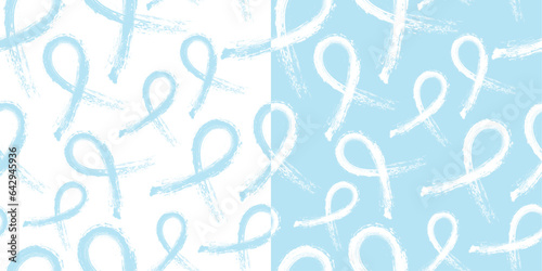Calligraphic Light Blue Awareness Ribbon Seamless and repeatable pattern on white and light blue backgrounds. Editable and scalable Vector Illustration.
