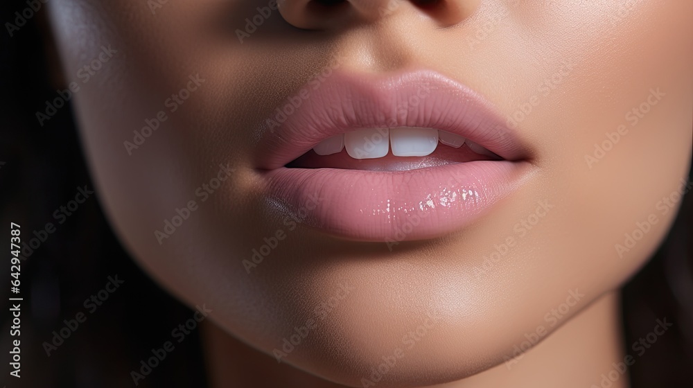Fototapeta premium Close-up of model's lips, highlighting hydration and natural color, set against a muted backdrop
