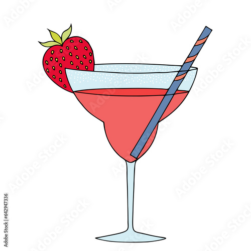 Fresh cocktail with strawberries and a paper tube for drinking. Prohibition of plastic tubes. Freehand drawing. Doodle. Hand Drawn. Outline.	
