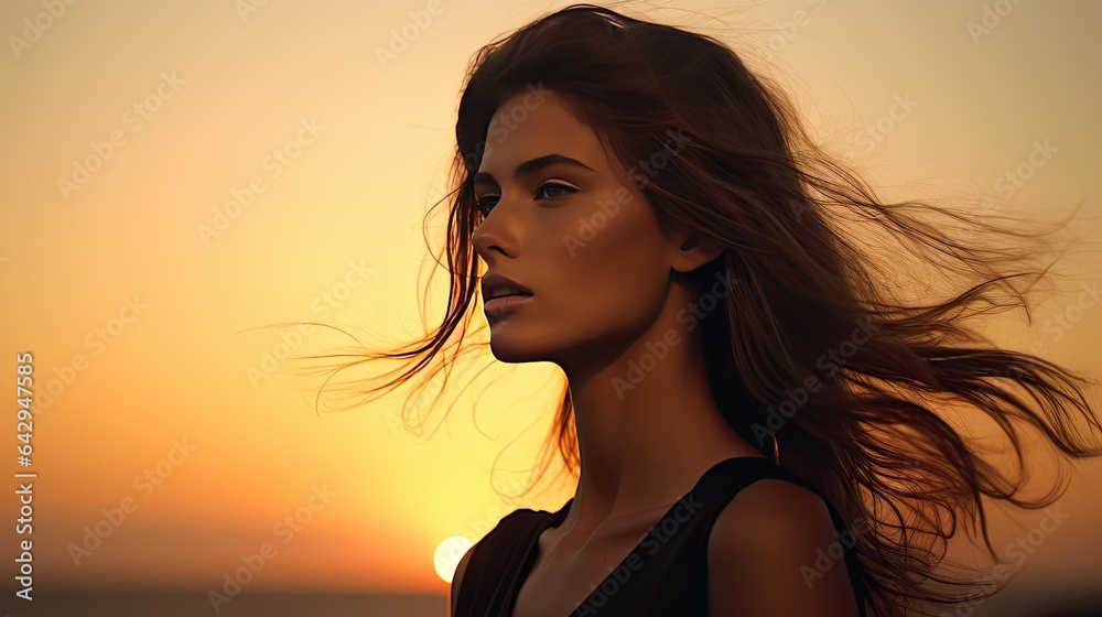 Silhouette of model against a sunset backdrop, emphasizing the contours and natural lines of the face.