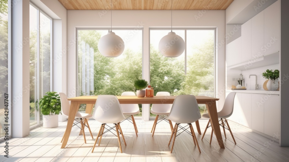 Interior design inspiration of Minimalist Scandinavian style home dining room loveliness decorated with Wood and Metal material and Natural Light .Generative AI home interior design .
