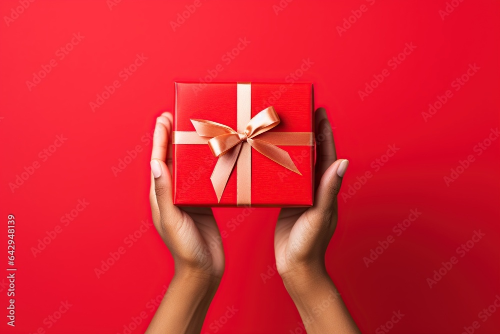 Hand holding red Gift box , christmas gift , happy new year, Generative Ai Hand holding red Gift box , christmas gift , happy new year, Generative Ai