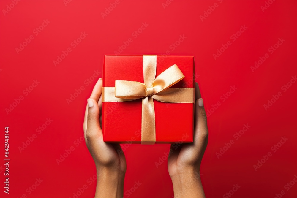 Hand holding red Gift box , christmas gift , happy new year, Generative Ai - obrazy, fototapety, plakaty 