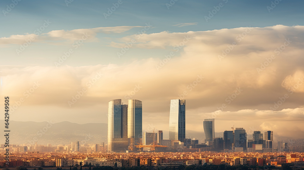 Skyscape of a group of modern office buildings in the city of Barcelona