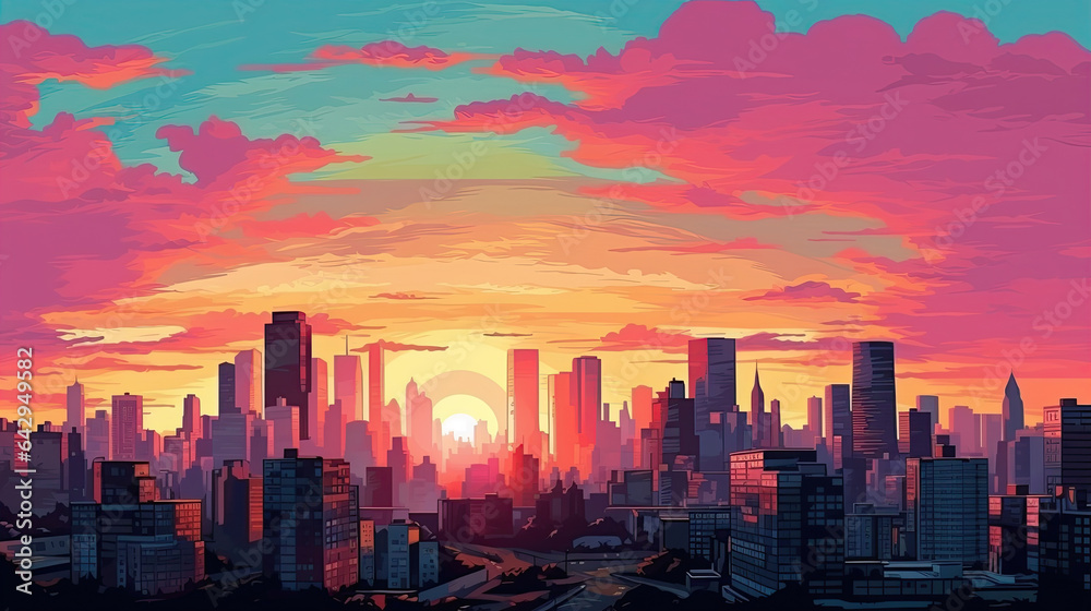 Fototapeta premium Sunset or sunrise Modern city skyscrapers panorama of tall buildings, urban background. Pop art retro vector illustration comic style vintage