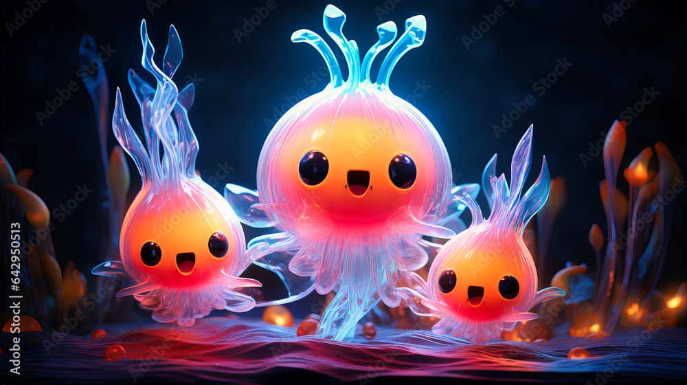 Neon Bioluminescent Creatures Abyss Dance
