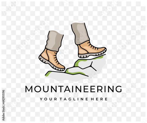 Feet in boots, walking hiking in mountains and mountaineering, colored graphic design. Climbing, hike, tourism, travel, traveling and journey, vector design and illustration