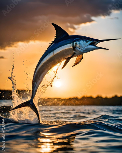 jumping marlin in sunset backlight - generative AI