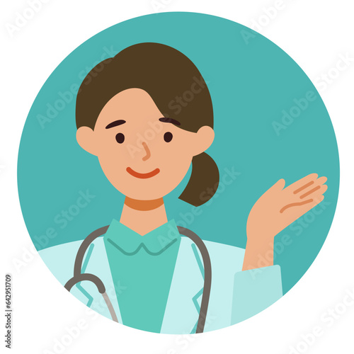 Doctor Woman wearing lab coats. Healthcare conceptWoman cartoon character. People face profiles avatars and icons. Close up image of pointing Woman.