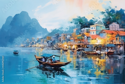 Lifestyle of local vietnamese living in a boat at Can Tho in beautiful morning sunrise, most famous and biggest floating market in Mekong Delta, Vietnam- oil painting. (ai generated)