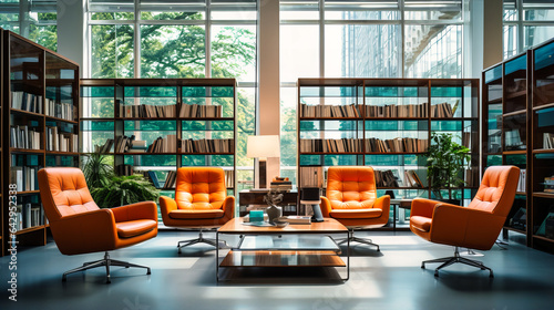 Office library with shelves of business books and comfortable reading chairs